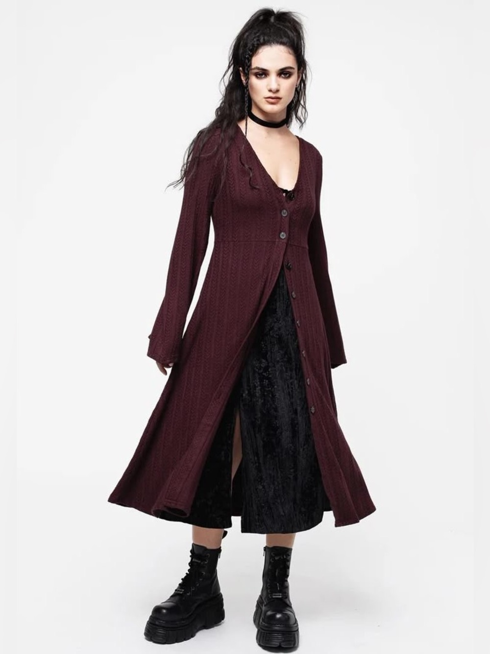 NWT Disturbia Sybil Button Up Longline Knit Overdress in Burgundy US 12 / UK 16
